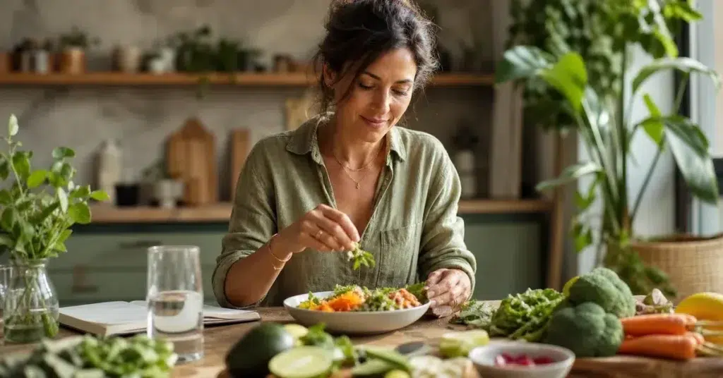 Femme préparant un repas équilibré avec aliments fermentés et fibres