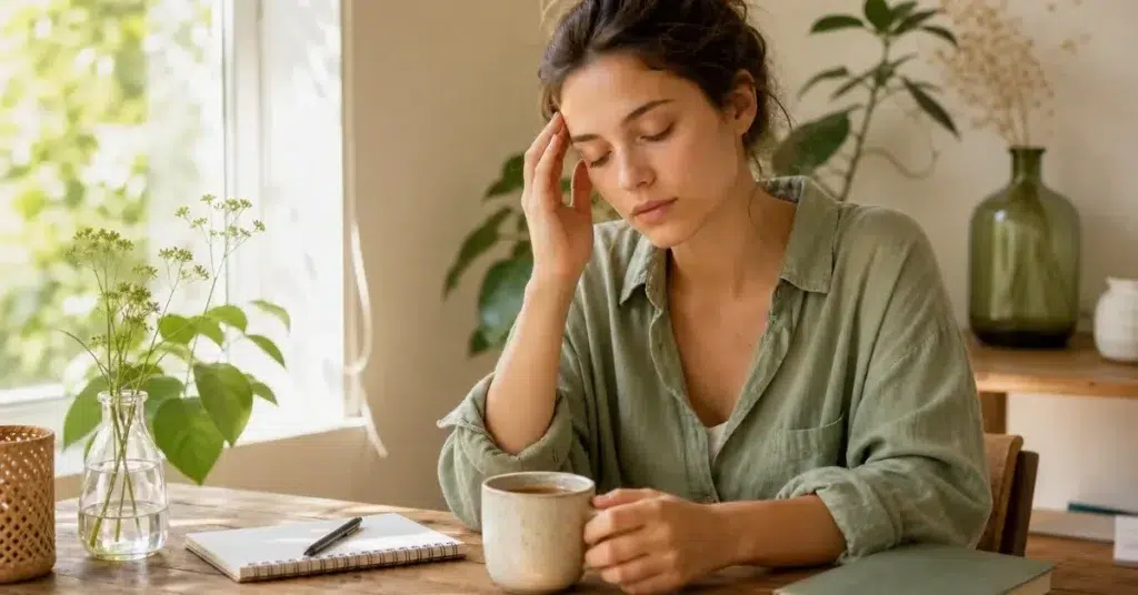 Femme faisant une pause calme en fin de journée avec une tasse