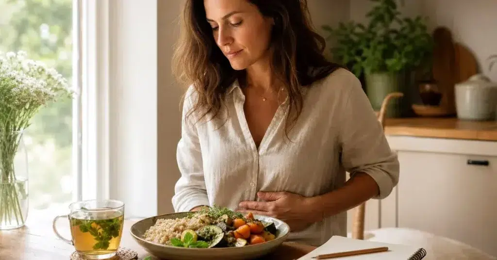 Femme prenant un repas calmement dans une cuisine lumineuse
