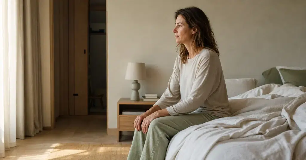 Femme assise au bord du lit dans une chambre éclairée par la lumière du matin