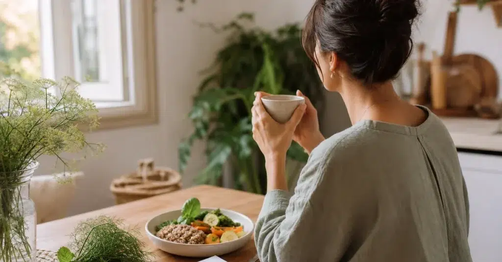 Femme tenant une tasse de tisane près d’un repas dans une cuisine lumineuse